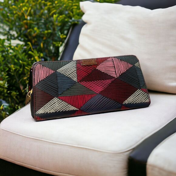 Fossil Zip Around Wallet Multi Pattern Pink Red Blue - Picture 1 of 3
